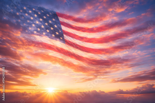Glowing American Flag in Morning Sky With Sunset Colors and Cloud Horizon