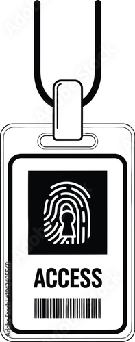 Vector graphic illustration of a security access badge featuring a biometric fingerprint icon and a barcode hanging from a lanyard