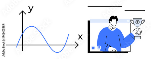Sine wave graph with labeled axes alongside a digital interface showing a person holding a trophy. Ideal for education, analytics, achievements, success, e-learning, presentations, teamwork