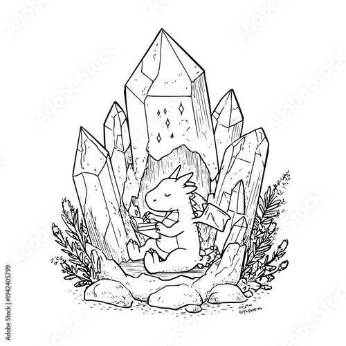 Smiling Dragon Sitting Among Crystals in Cave