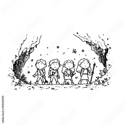 Four Friends Hiking Together in Forest