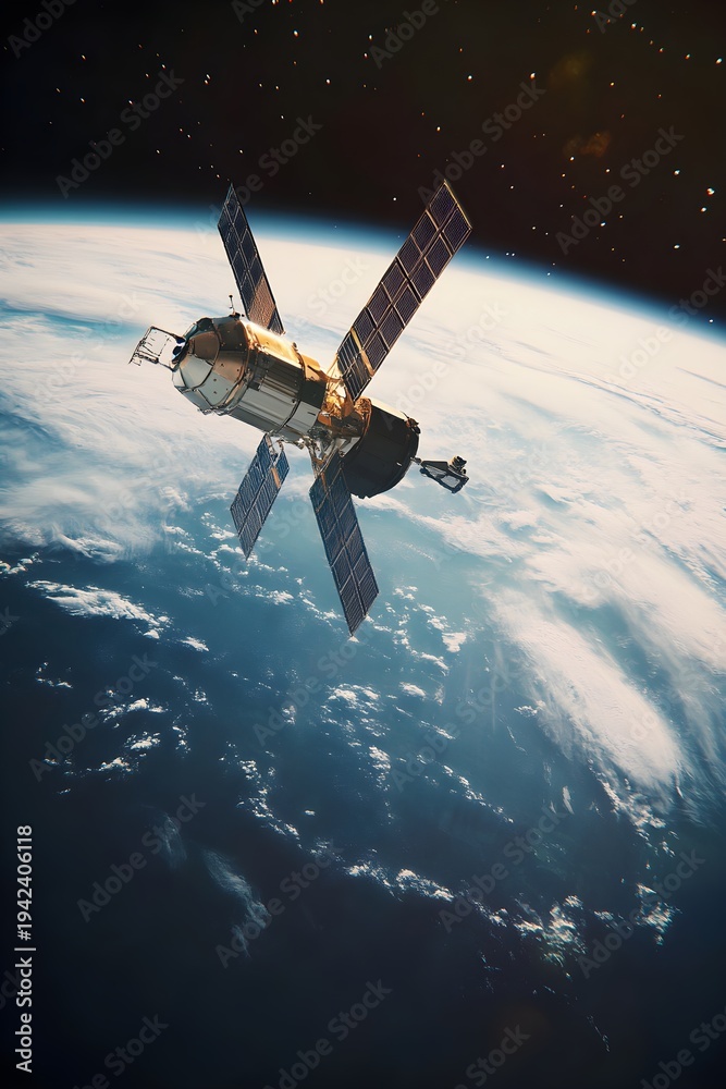 Obraz premium Satellite orbiting Earth with solar panels extended