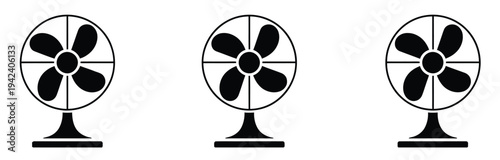 Set of Summer Fan Vector Icon in Silhouette Design, black illustration collection featuring electric and handheld fans, isolated graphics ideal for summer concepts, seasonal branding, cooling devices,