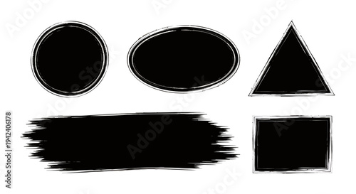 Abstract black geometric shapes including circles, oval, triangle and brush strokes for modern graphic design.