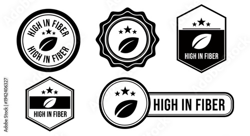 Collection of circular high fiber badges and seals for product labeling and branding design.