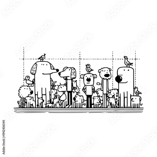 Black and White Cartoon Bears and Dogs with Birds on a Fence