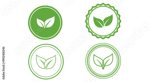 Green Leaf Emblems and Circle Badges in Various Icon Styles.