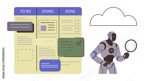 Project planning, workflow management, task tracking, automation, productivity tools, cloud integration. AI robot examining Kanban board with categorized tasks. Workflow management and task tracking