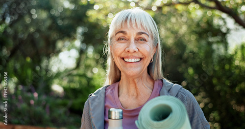 Canvas Print Portrait, fitness and old woman in garden, yoga mat and exercise for health benefits
