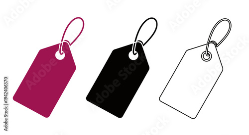 Set of three hanging tags in magenta, black, and white outlines for labeling and branding.