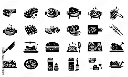 BBQ Grill Meat Steak Silhouette Icons