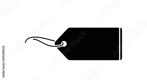 Black tag silhouette with attached string on white background, minimal graphic element.