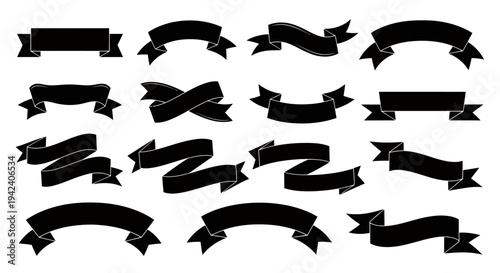 Collection of black ribbon banners in various shapes and orientations for design and decoration.