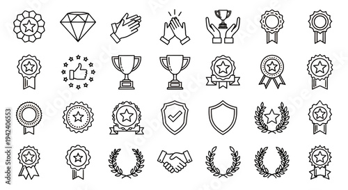 Collection of award ribbons and medals badges icons set for graphic design and illustration.