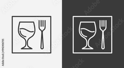 Pair of Square Icon Illustrations Featuring a Wine Glass and a Fork.