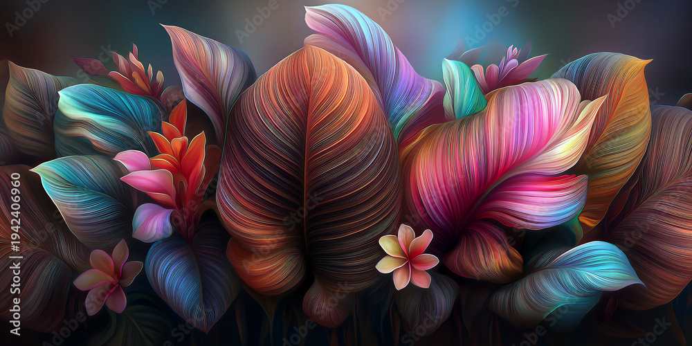 Fototapeta premium Luxurious botanical design. Richly detailed foliage with vibrant textures. Opulent natural elements enhancing surface and fashion visuals only