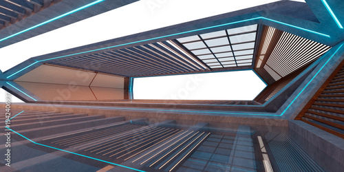 3d rendering sci-fi building interior with neon lights and transparent background