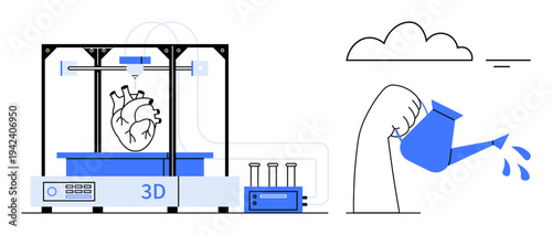 3D printing technology. 3D printing of a human heart model with emphasis on medical innovation. 3D printing enhancing healthcare, sustainability, and futuristic biotechnology. Key for research