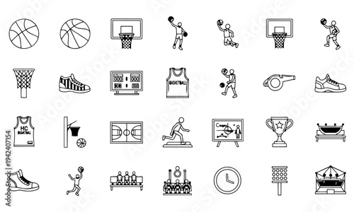 Basketball Sports Equipment Outline Icons