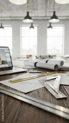 Sustainable urban architectural design studio with 3D building model on laptop and blueprints