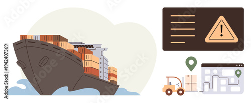 Supply chain, global trade, logistics risk, shipping navigation, cargo management, route optimization. Cargo ship with containers, warning icon forklift and logistics map. Supply chain