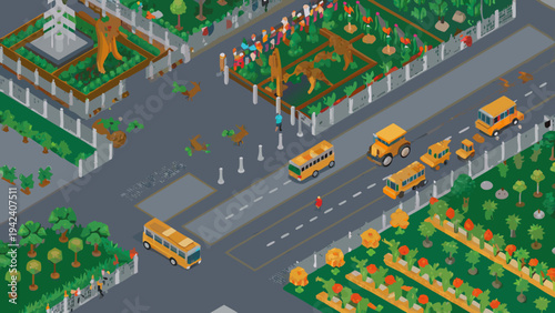 Isometric illustration of a city street with school buses and dinosaurs