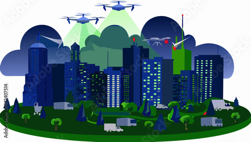 Futuristic cityscape illuminated by searchlights from hovering drones above