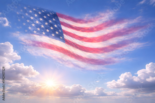 Transparent American Flag Over Bright Cloudscape With Hopeful Morning Light