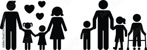 Two families with children and elderly, symbolizing love and care.