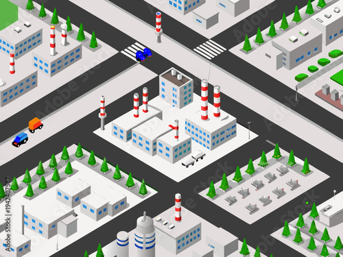 Isometric illustration of an industrial city with factories and roads