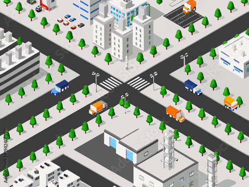Isometric illustration of a busy city intersection with vehicles and buildings