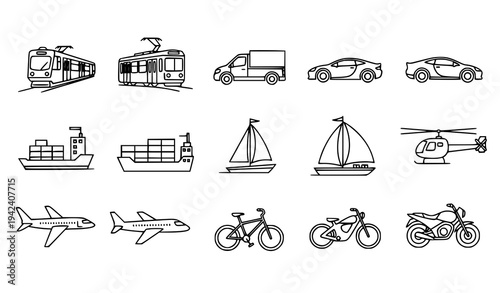 Transportation Icon Set Vector Collection Featuring Car, Scooter, Truck, Bus, Airplane, Helicopter, Bicycle, Motorcycle, Boat, and Ship for Mobility and Travel Design