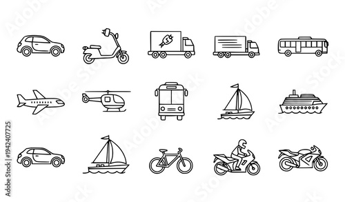 Transportation Icon Set Vector Collection Featuring Car, Scooter, Truck, Bus, Airplane, Helicopter, Bicycle, Motorcycle, Boat, and Ship for Mobility and Travel Design