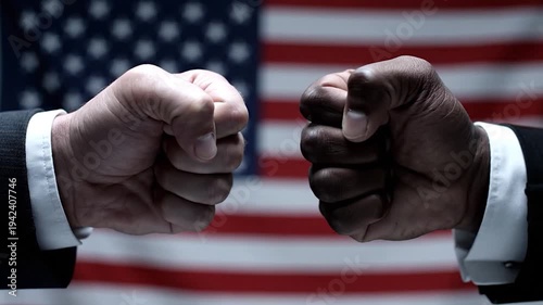 Two Fists Clash in Front of American Flag Symbolizing Political Divide and Conflict.