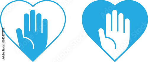 Two blue heart icons with hands, symbolizing care and support in a simple design.