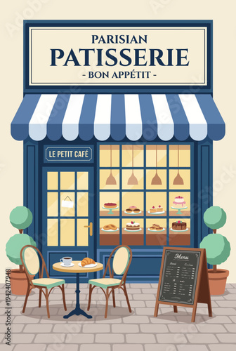 Cuadro en lienzo A cozy, inviting Parisian patisserie featuring outdoor seating, colorful desserts in display, and a warm, welcoming ambiance for pastry lovers and café enthusiasts alike