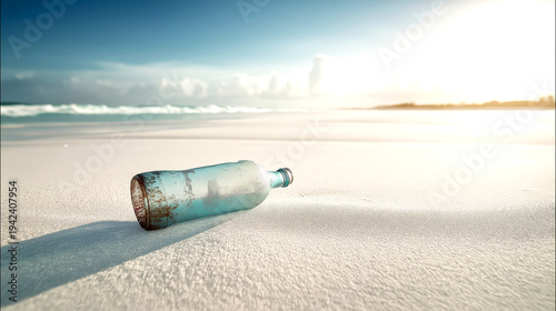Weathered Glass Bottle on Empty Beach in Bright Coastal Sunlight