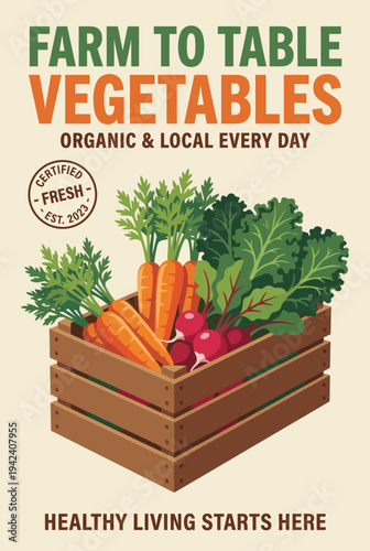 An engaging visual of a farm-to-table concept featuring fresh organic vegetables in a wooden crate, emphasizing healthy living and the importance of supporting local agriculture.