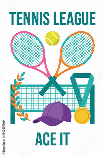 A colorful illustration of tennis rackets, a cap, and a medal, representing a Tennis League. It's designed to inspire athletes and promote teamwork in competitive sports.