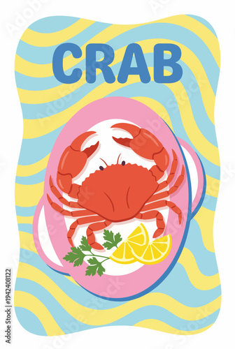 This lively artwork highlights a freshly cooked crab served with slices of lemon and garnished with cilantro, embodying the joy of seafood dining and culinary delight.