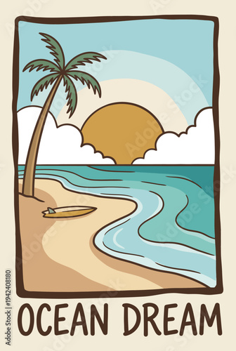 A calming beach scene featuring a palm tree at sunset, evoking feelings of relaxation and dreaminess, perfect for transporting viewers to a serene coastal getaway.