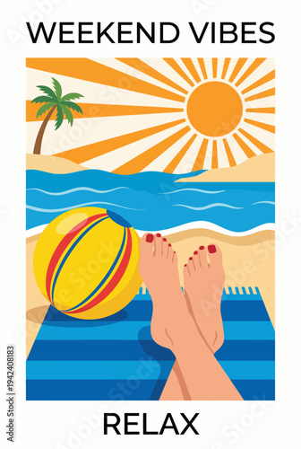 This relaxing image conveys a beach scene featuring a beach ball, sun, and footprints in the sand, inviting viewers to enjoy weekend vibes and carefree moments.
