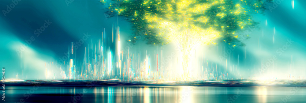 Fototapeta premium Luminous Energy Tree Rising Above Futuristic Cityscape Over Water