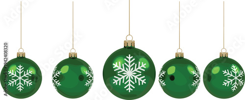 Green Christmas baubles with white snowflake pattern hanging isolated on white background festive ornament set