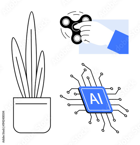 Leisure, artificial intelligence, productivity, focus, stress management, interior decoration. Modern hand with fidget spinner, AI chip and potted plant. Productivity and leisure concepts