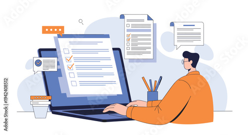 Male professional working on a laptop with digital checklist overlays representing online surveys and task management in a home office.