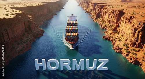 Hormuz Strait: A breathtaking aerial perspective captures the strategic Hormuz Strait, aerial, wide-angle digital illustration of a large container ship navigating through a narrow desert strait with 