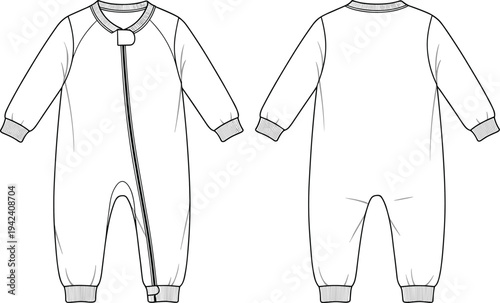 Baby romper design, kids clothing template, long sleeve jumpsuit, infant wear vector, toddler outfit sketch, CAD drawing flat vector illustration