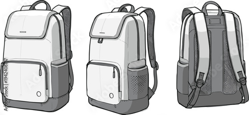 Backpack front rear side view, travel bag vector, school backpack illustration, adjustable straps, mesh pocket, cad drawing flat vector illustration