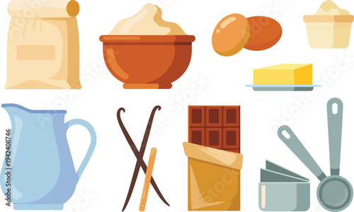 Baking ingredients and kitchen tools, flour, eggs, butter, vanilla, chocolate, pitcher, bowl, measuring spoons, cooking preparation scene, culinary vector illustration